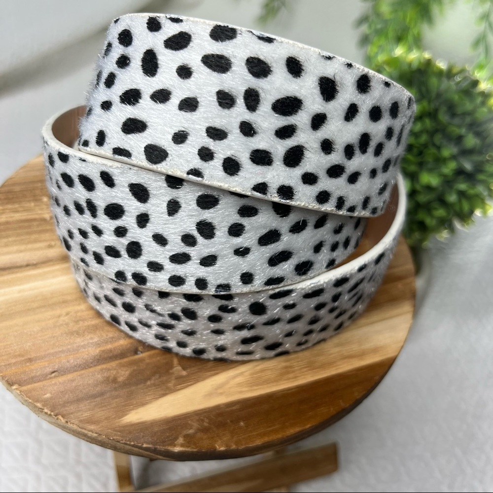 Womens Black & White Spotted Belt with Fur Texture, 43” Long *No Buckle*